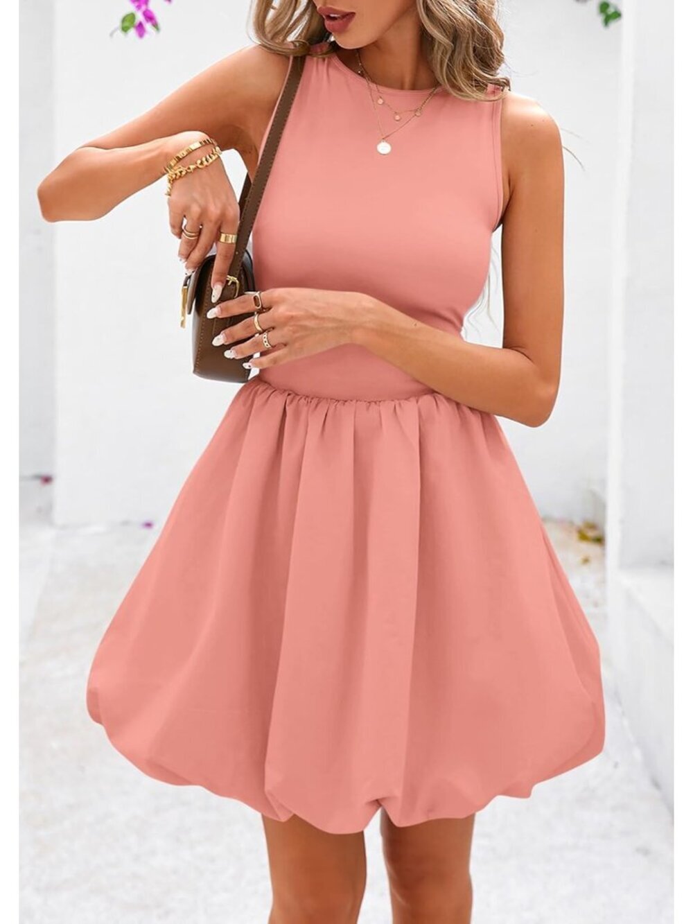〽️Women's Pink Casual Sleeveless Tank Crew Neck Short Cocktail Mini Dress - Picture 5 of 6